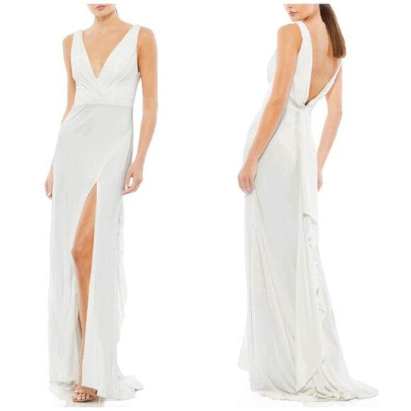 Mac Duggal Faux Wrap V-neck Thigh Slit White Cowl Back Bustle Tail Gown sz 6 NWT - Picture 1 of 6